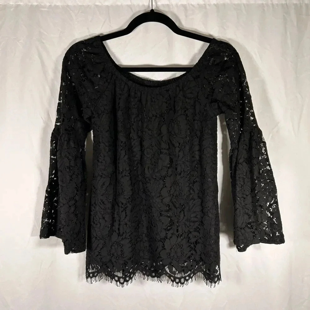 Chaser Blouse Women's XS Black Lace 3/4 Bell Sleeve Round Neck